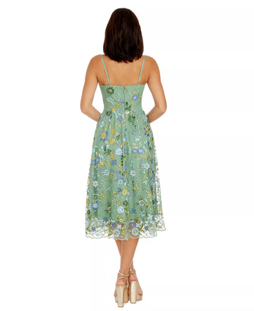 Embroidered Fit & Flare Midi Dress A-Line Spaghetti Strap Tulle Cocktail Dress