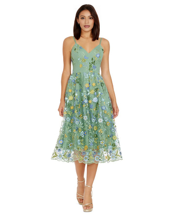 Embroidered Fit & Flare Midi Dress A-Line Spaghetti Strap Tulle Cocktail Dress