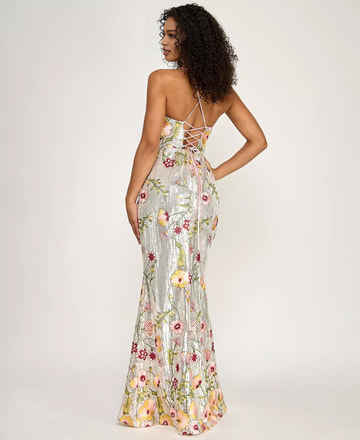 Embroidered Mermaid Scoop Sequin Floor Lace-Up Back Evening Gown