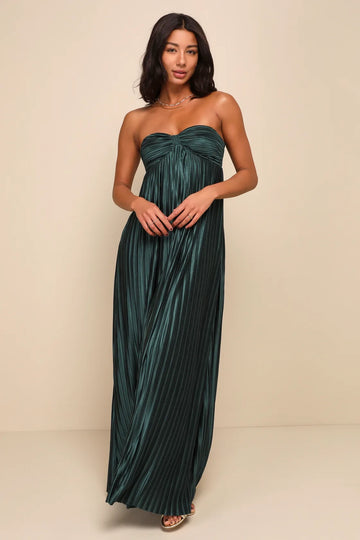 Vedress emerald green shiny pleated satin strapless sweetheart column maxi bridesmaid gown front view