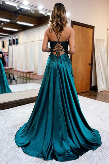 Emerald Green Satin A-Line Deep V Spaghetti Strap Backless Maxi Prom Gown