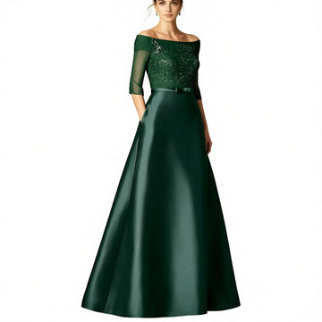 Elegant Off-the-Shoulder Satin A-Line Evening Gown with 3/4 Sheer Sleeves – Formal Dress for Mother of the Bride, Galas & Black-Tie Events