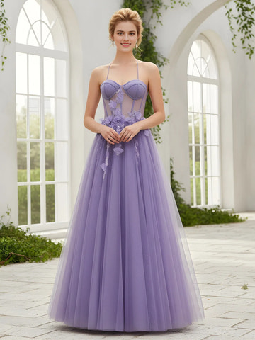 Enchanting A-line Halter Sweetheart Sleeveless Tulle Floral-Applique Gown Lace-Up Prom Dress
