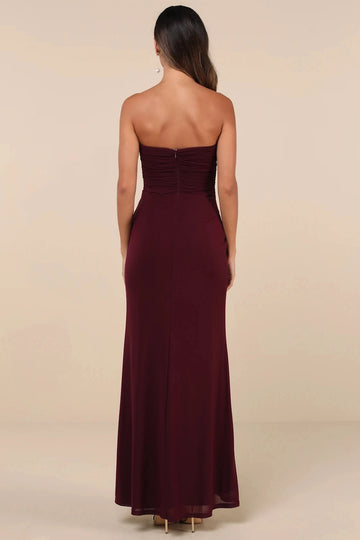 Burgundy Mermaid Strapless Straight Open Back Slit Maxi Bridesmaid Gown Vedress