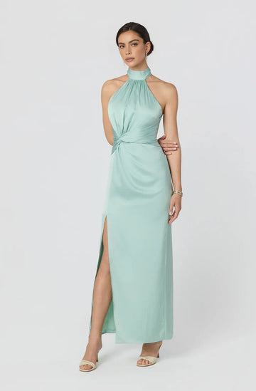 Fitted Halter Neck Satin Maxi Twist Front Slit Evening Dress