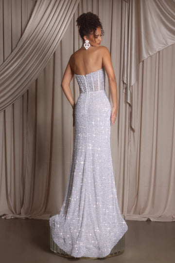 Glamorous Fitted Strapless Beaded Floor-Length Split Gown Evening Dress