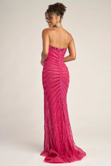 Elegant Fitted Strapless Beaded Gown Floor-Length Split Evening Dress