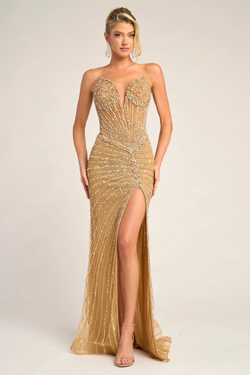 Luxury Fitted Strapless Beaded Gown Floor-Length Split Evening Dress