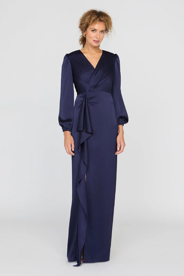 Elegant Fitted V-Neck Satin Floor-Length Ruffle Gown Mother of the Bride Dress