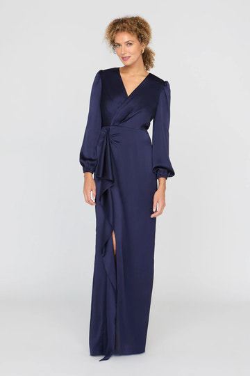 Elegant Fitted V-Neck Satin Floor-Length Ruffle Gown Mother of the Bride Dress