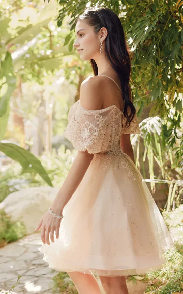 Flared Off Shoulder Sweetheart Neck Puff Sleeve Tulle Short Homecoming Dress