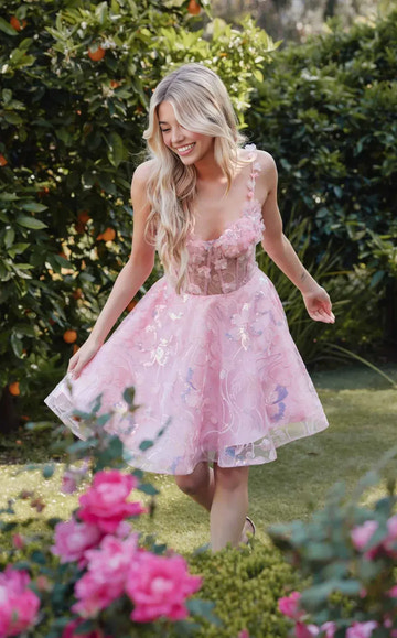 Flared Sweetheart Neck Sleeveless 3D Floral Tulle Corset Short Homecoming Dress