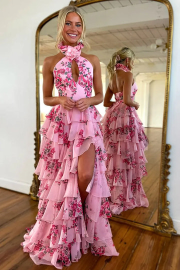 Floral A-Line Halter Sleeveless Chiffon Floor-Length Tiered Keyhole Prom Dress