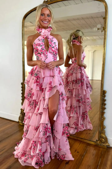 Floral A-Line Halter Sleeveless Chiffon Floor-Length Tiered Keyhole Prom Dress