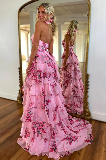 Floral A-Line Halter Sleeveless Chiffon Floor-Length Tiered Keyhole Prom Dress
