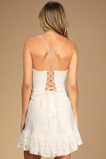 Floral A-Line V-Neck Spaghetti Strap Lace Short Lace-Up Homecoming Dress