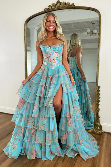 Glamorous Floral Printed Chiffon A-Line Strapless Corset Ruffle Slit Prom Dress
