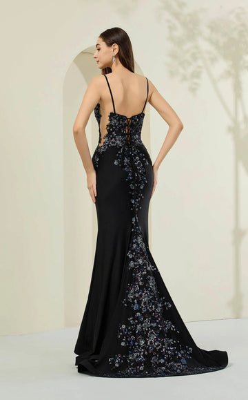 Floral Embellished Corset Lace-Up Back Mermaid Gown Evening Dress