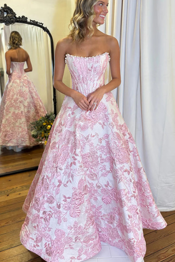 Elegant Floral Jacquard Satin Prom Dress with Pearls Strapless Corset Maxi Dress