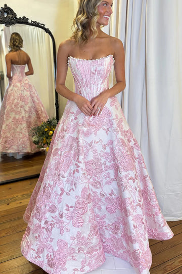 Elegant Floral Jacquard Satin Prom Dress with Pearls Strapless Corset Maxi Dress
