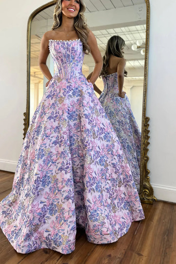 Elegant Floral Jacquard Satin Prom Dress with Pearls Strapless Corset Maxi Dress