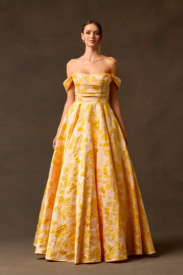 Vestido de fiesta maxi de jacquard floral fruncido con hombros descubiertos, estilo princesa y corte A
