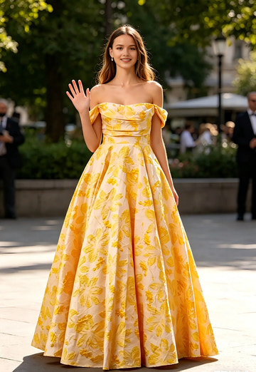Vestido de fiesta maxi de jacquard floral fruncido con hombros descubiertos, estilo princesa y corte A