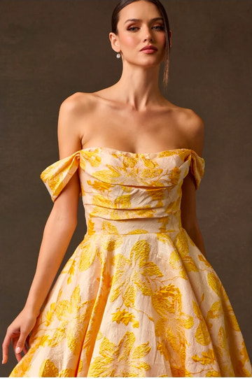 Vestido de fiesta maxi de jacquard floral fruncido con hombros descubiertos, estilo princesa y corte A