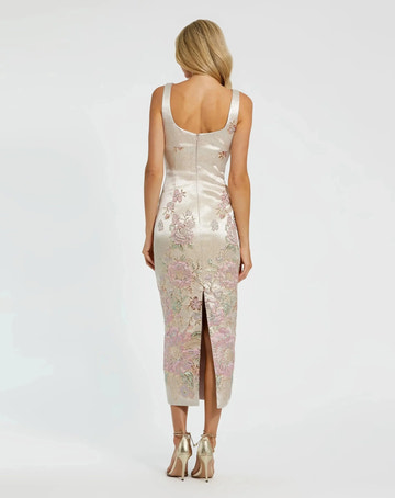 Floral-Jacquard Square-Neck Sleeveless Sheath Midi Cocktail Dress