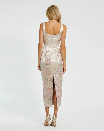 Floral-Jacquard Square-Neck Sleeveless Sheath Midi Cocktail Dress