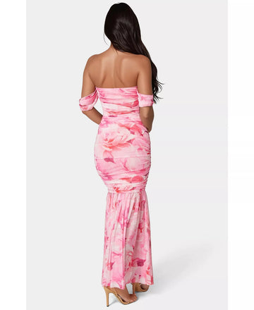 Floral Print Ruched Mesh Off-the-Shoulder Mermaid Maxi Wedding Guest Dress