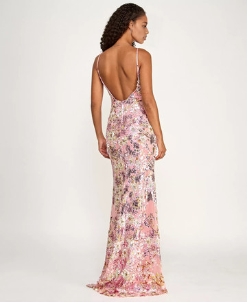 Floral Sequin Mermaid Scoop Neck Floor Length Open Back Evening Gown