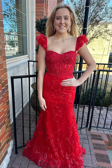 Floral Applique Mermaid Sweetheart Ruffle Lace-Up Floor-Length Prom Gown