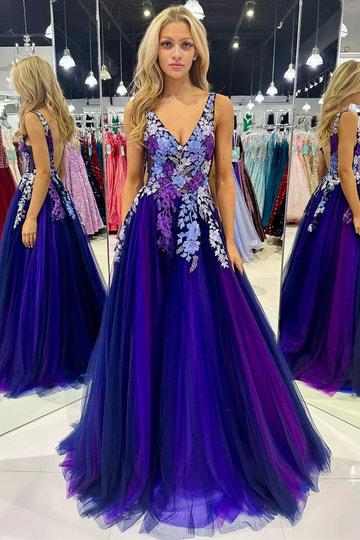 Vestido de fiesta largo sin mangas con cuello en V, espalda descubierta y bordado floral