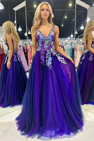 Vestido de fiesta largo sin mangas con cuello en V, espalda descubierta y bordado floral