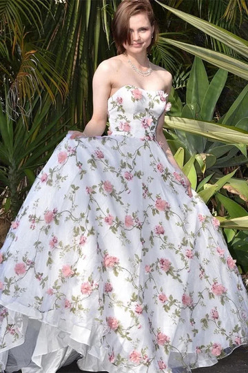 Floral Print Ball Gown Sweetheart Strapless Backless Floor-Length Prom Gown