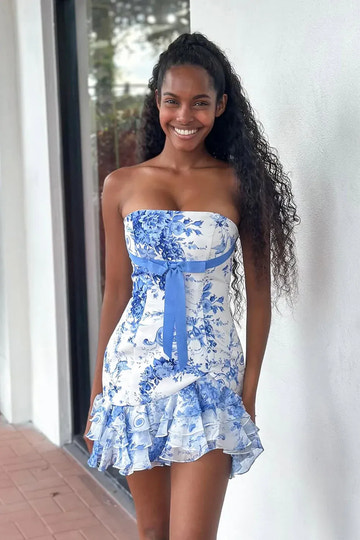 Floral Print Bodycon Strapless Waist Bow Layered Ruffle Mini Homecoming Dress