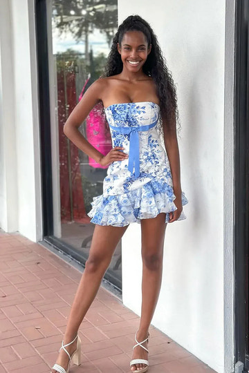 Floral Print Bodycon Strapless Waist Bow Layered Ruffle Mini Homecoming Dress