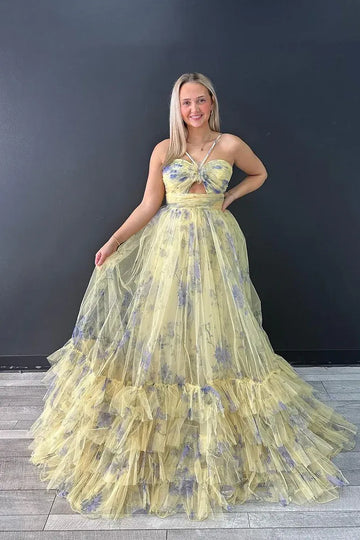 Floral Print Halter Neck Keyhole Cutout Bow Detail A-Line Tiered Ruffled Tulle Floor Length Prom Evening Gown