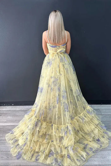 Floral Print Halter Neck Keyhole Cutout Bow Detail A-Line Tiered Ruffled Tulle Floor Length Prom Evening Gown