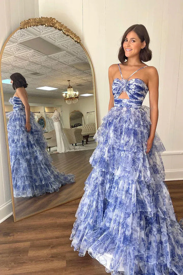Floral Tiered Ball Spaghetti Bow Cutout Zip Train Formal Gown