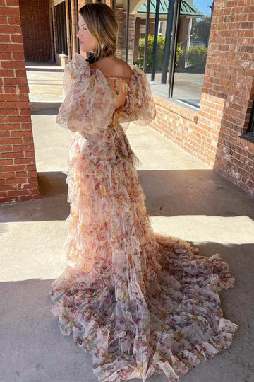 Floral Tulle Two-Piece Puff Sleeve Floor-Length Prom Gown