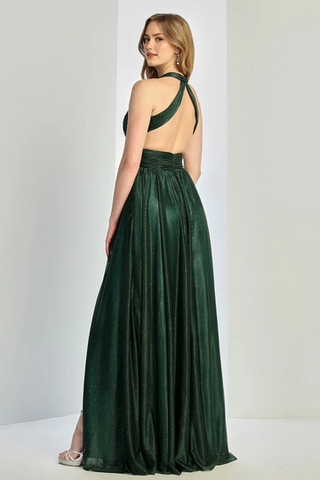 Vestido de noche largo hasta el suelo con brillo, corte halter, sin mangas, línea A, aberturas y aberturas fluidas