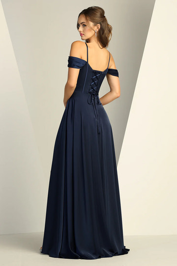 Flowy A-Line Off-The-Shoulder Sleeveless Satin Floor-Length Corset Slit Bridesmaids Dress