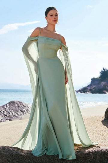 Flowy A-Line Off-the-Shoulder Chiffon Floor-Length Cape Sleeve Formal Dress