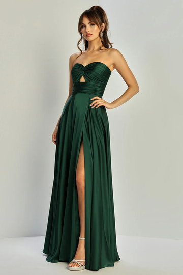 Vestido de satén de corte A sin tirantes con escote corazón fluido para damas de honor, hasta el suelo, con abertura y corte tipo ojo de cerradura, para fiesta de graduación