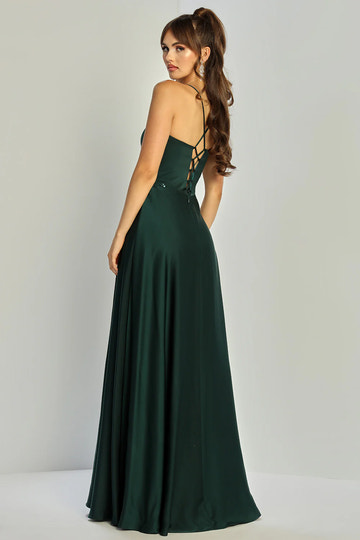 Flowy A-Line Sweetheart Spaghetti-Strap Satin Long Beaded Lace-Up Evening Dress