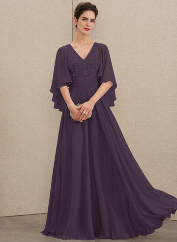 Vedress Purple V‑Neck Cape‑Sleeve Lace Chiffon Mother Dress Front View