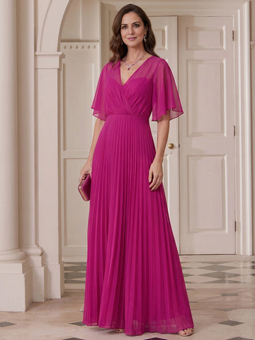 Vedress Fuchsia Pleated V‑Neck Flutter Sleeve Mother Of The Bride Dress Front View