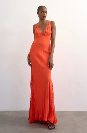 Flowy Mermaid Deep V Spaghetti Strap Satin Ruffle Trim Cowl Back Floor-Length Maxi Evening Dress